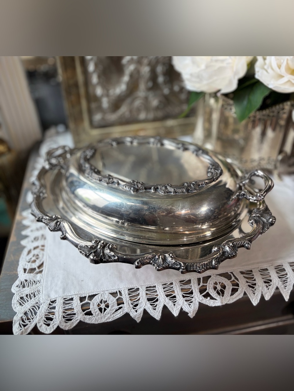 Vintage Silver serving dish with glass tray & lid heritage table, decor